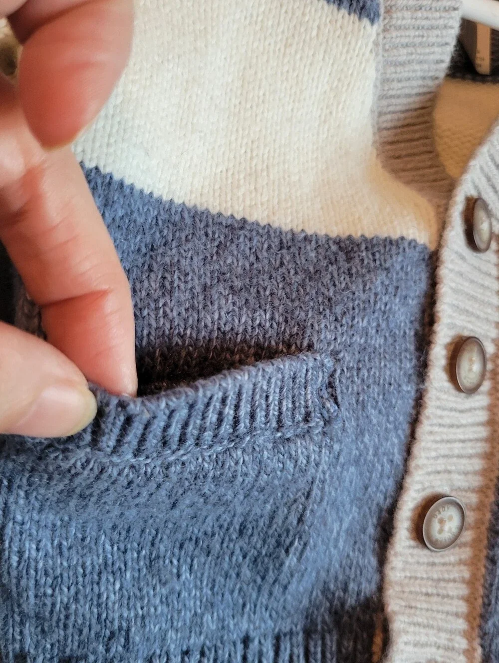 Baby B'gosh Blue and White Striped Knit Cardigan with Taupe Trim 3 Months